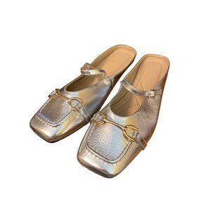 Metallic Silver Mary Jane Flats Shoes Buckle Detail Square Toe Slippers Sz 46